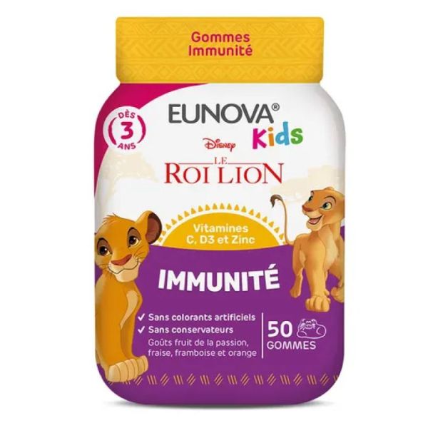 Eunova Kids Gommes Immunité Le Roi Lion Goûts Fruit De La Passion, Fraise, Framboise Et Orange 50 gummies