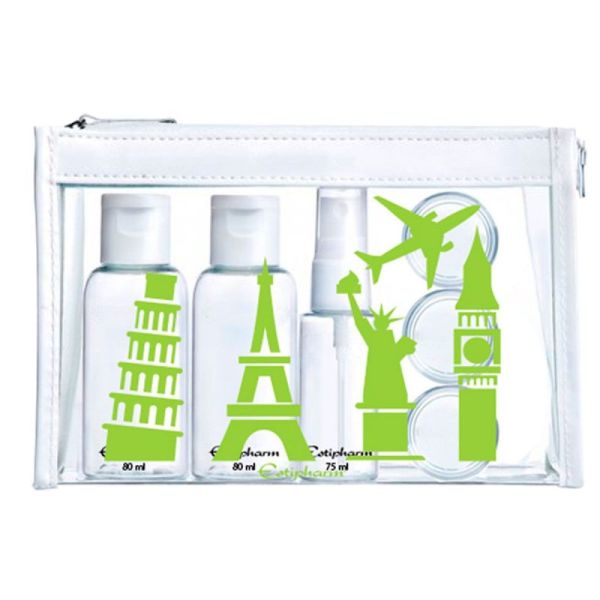 Trousse verte flacons de voyage 5 contenants